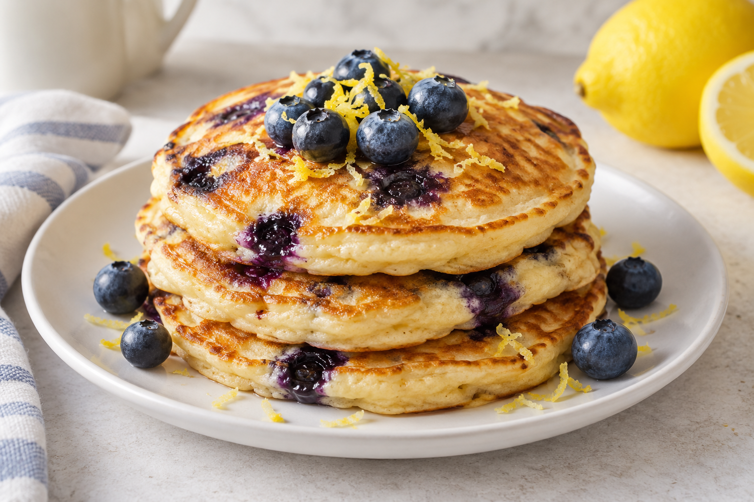 AI illustration of blueberry lemon pancakes.