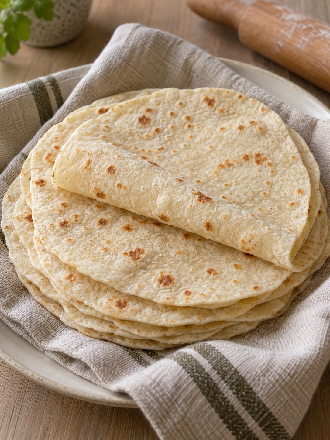 A stack of soft homemade flour tortillas with golden brown spots, tucked into a clean kitchen towel